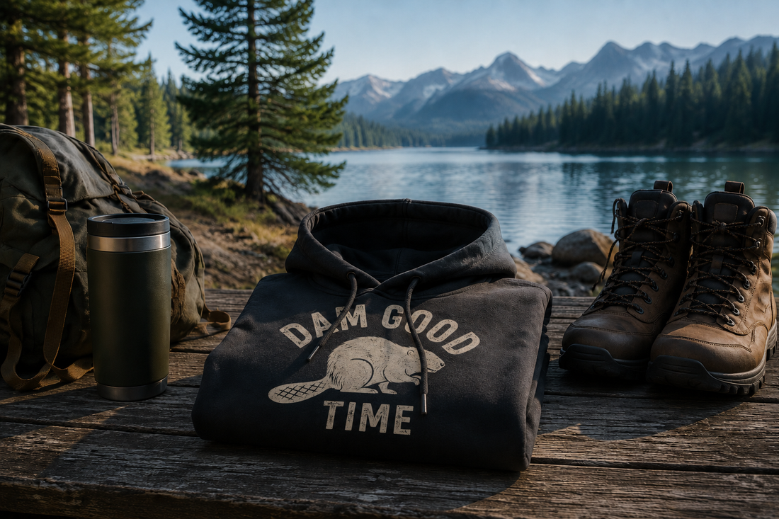 Dam Good Time graphic hoodie with outdoor hiking gear by a mountain lake