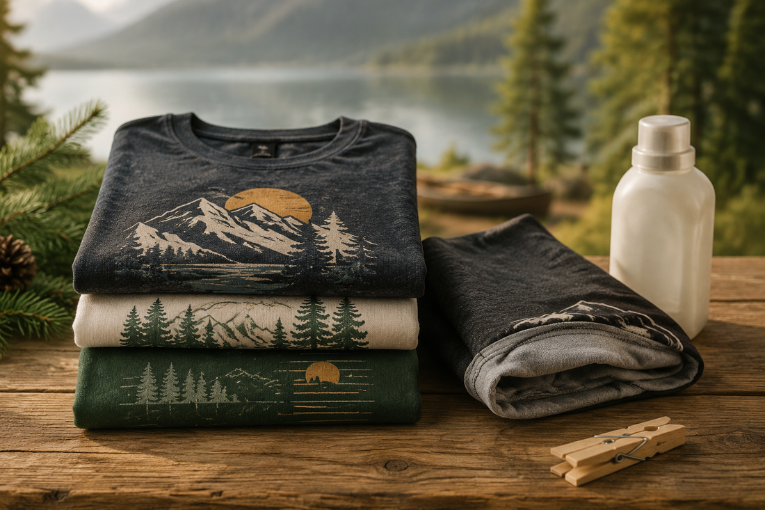 Folded graphic T-shirts beside mild detergent in an outdoor setting