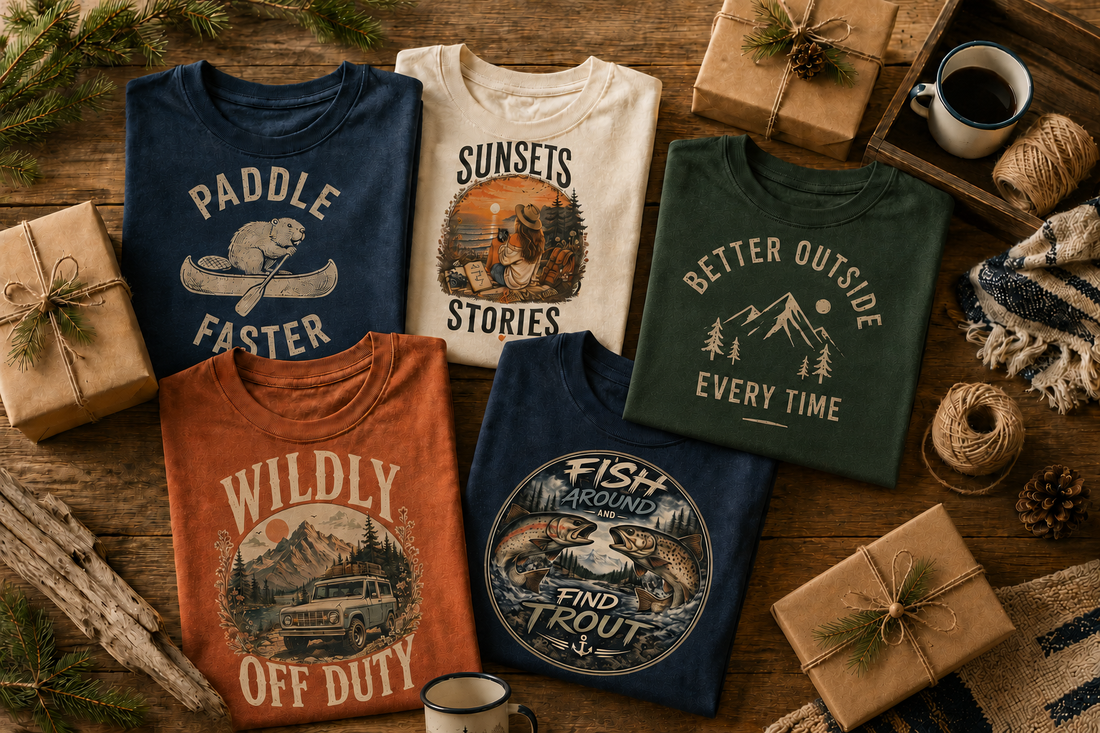 Kolt's Klothing graphic apparel arranged as rustic gift ideas