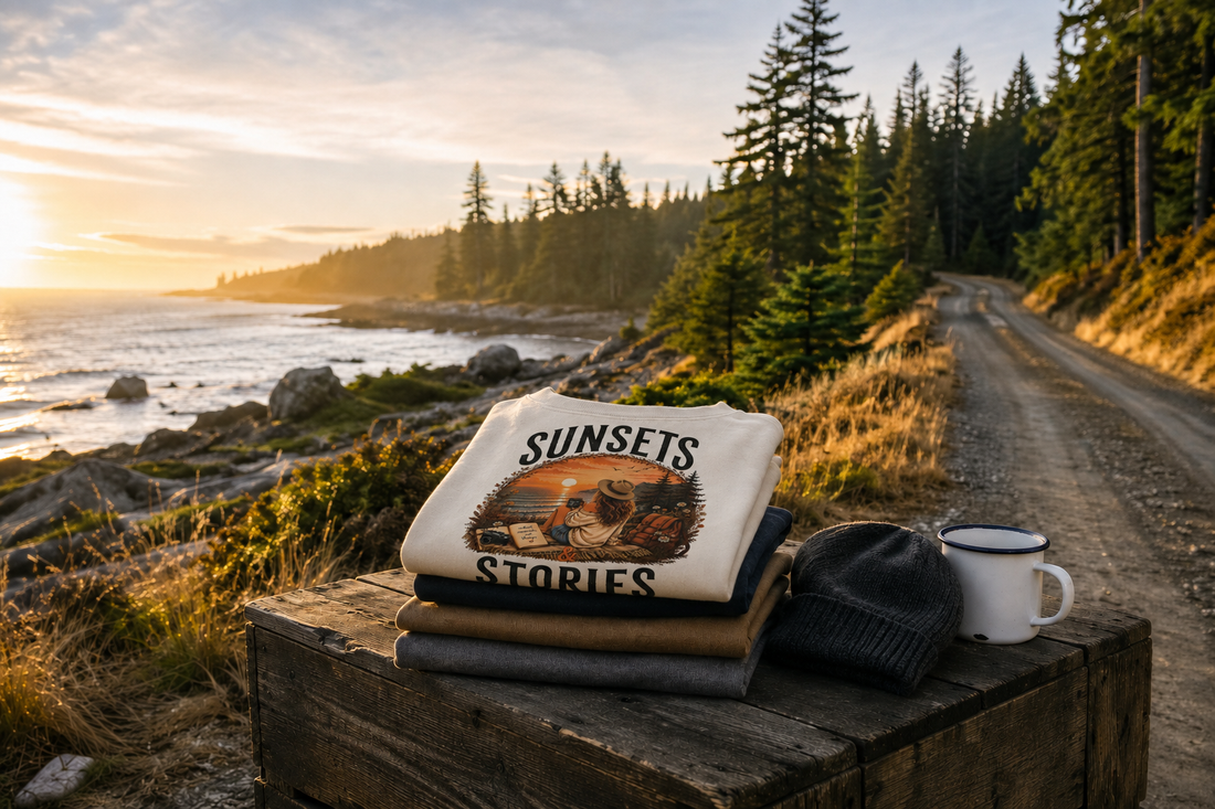 Sunsets and Stories graphic T-shirt beside a Canadian coastal road