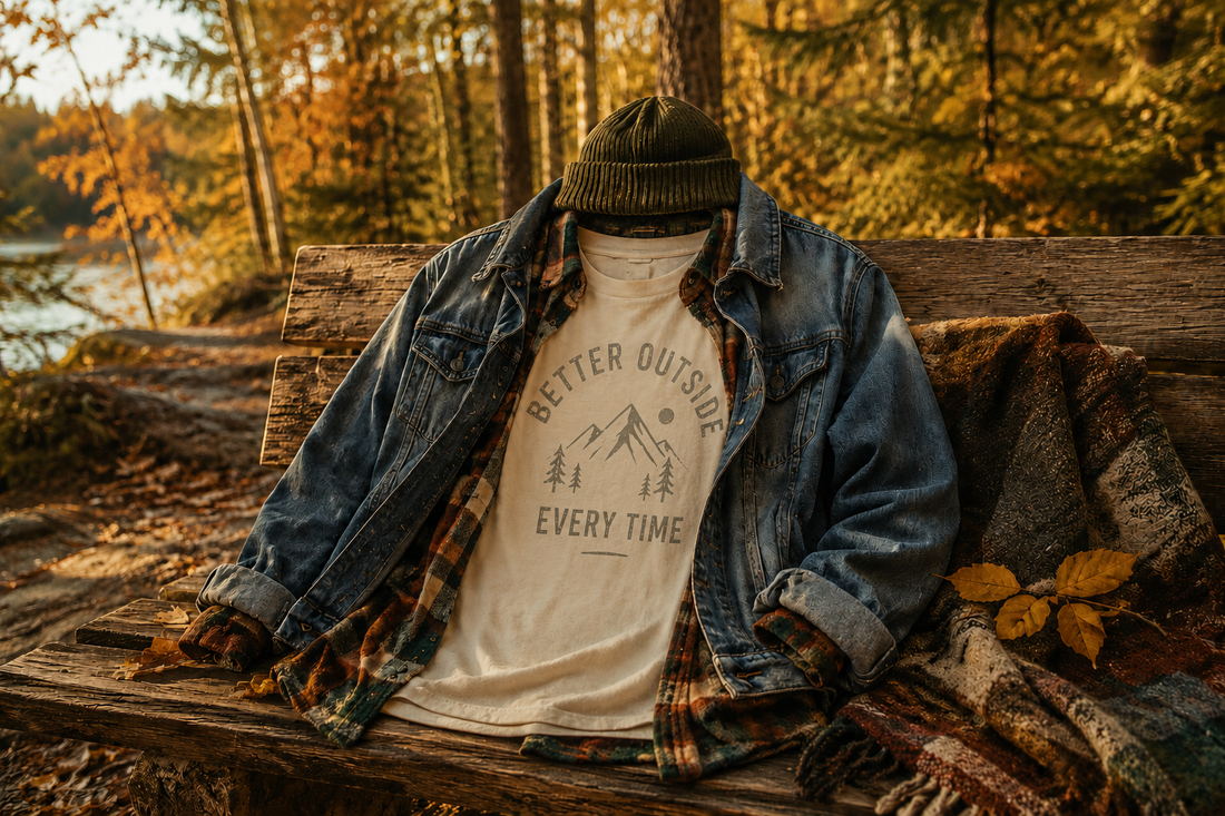 Better Outside Every Time graphic T-shirt layered with flannel and denim for fall